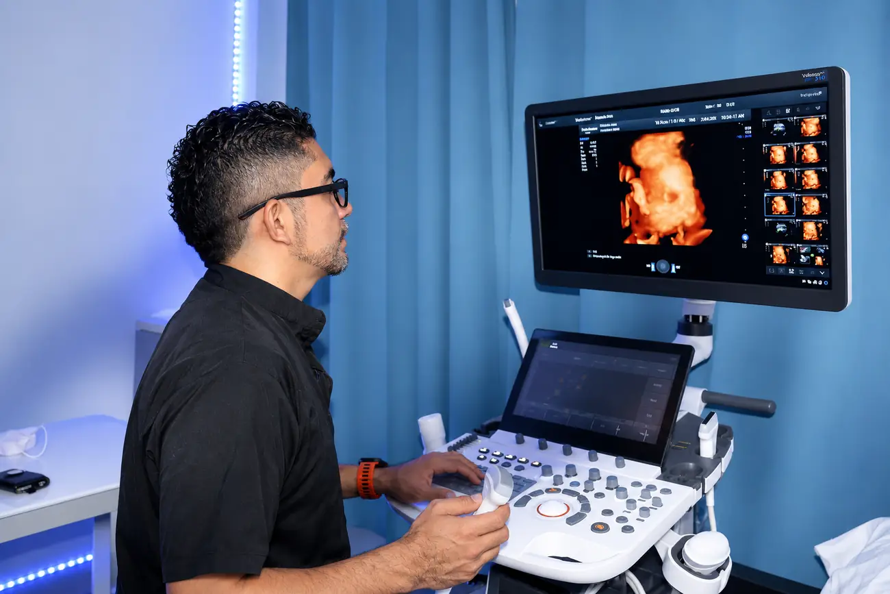 El Dr. Anuar Mena realizando un ultrasonido, con la imagen en la pantalla del equipo.